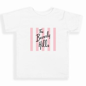 Beverly Hills Kids Tee: Pink & White Striped Retro Logo, Soft Cotton