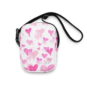 All of the Hearts Crossbody Bag, Pink Heart Print Purse, Small Travel Bag
