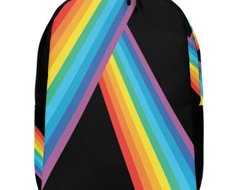 Rainbow Adventures Minimalist Backpack – Black, Bold Rainbow Stripe Print Travel Bag