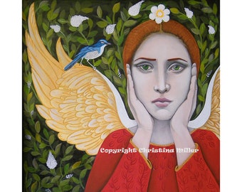 Angel in the Garden, Print of Original Acrylic Painting, Angel Art, Garden Art, Blue Jay, Christina Miller Artist