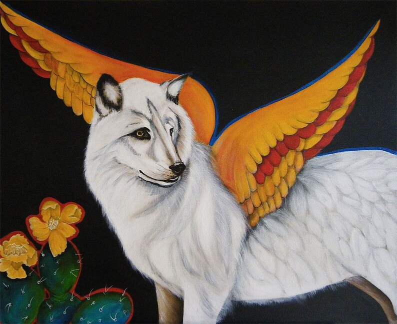 May include: A white wolf with orange and red wings, standing in front of a cactus with yellow flowers. The wolf has a gentle expression and is looking to the right. The background is black.