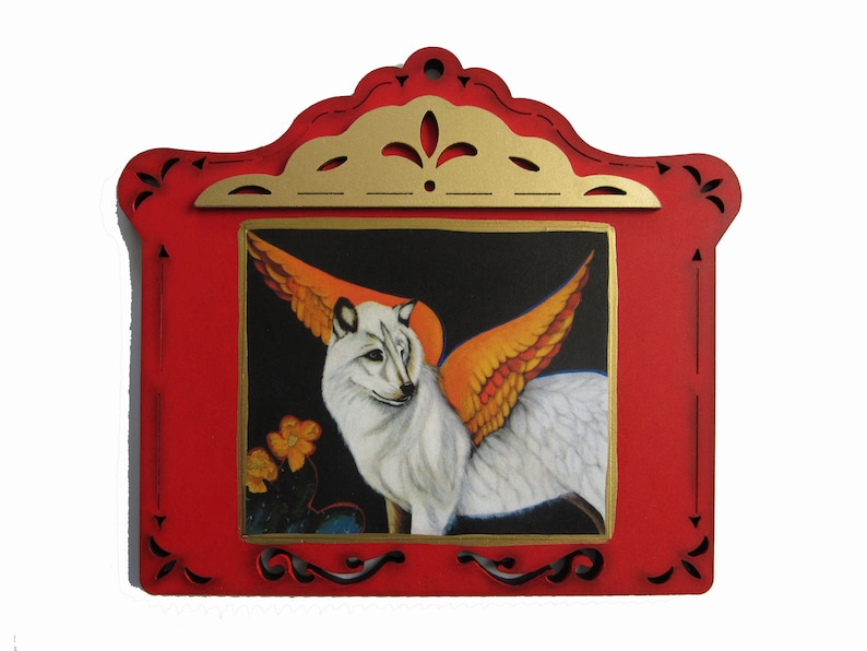 May include: A white wolf with orange wings is painted on a red wooden plaque with a gold frame. The plaque has a decorative design around the edges.