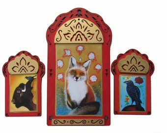 FOX, BUFFALO & RAVEN,  Trio of Animal Art, 20% Off, Little Fox Saint, Buffalo Saint and Raven Contemplating Roses, Christina Miller Artist