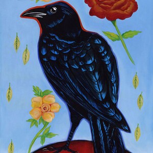 May include: A black crow with blue feathers stands on a red surface, surrounded by yellow and red flowers against a light blue background.