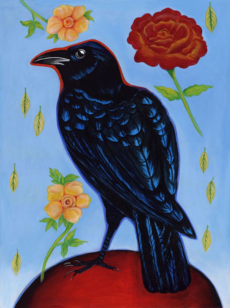 May include: A black crow with blue feathers stands on a red surface, surrounded by yellow and red flowers against a light blue background.
