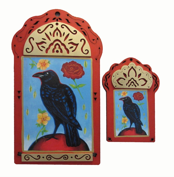 Raven Contemplating the Fragrance of Roses, Raven Art,  Raven Wall Art, Raven Print, Wildlife Art, Black Bird, Rose, Christina Miller Art