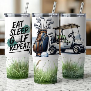 ゴルフタンブラーラップ 40オンス、Eat Sleep Golf Repeat PNG、ゴルフカート＆ゴルフバッグ昇華デザイン、ゴルフ愛好家のためのデジタルタンブラーラップ