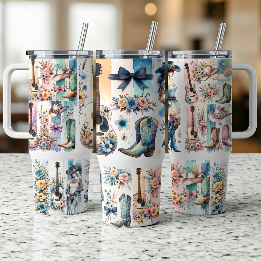 Western Tumbler Wrap 40oz: Cowgirl Guitar, Boots & Floral (digital ...