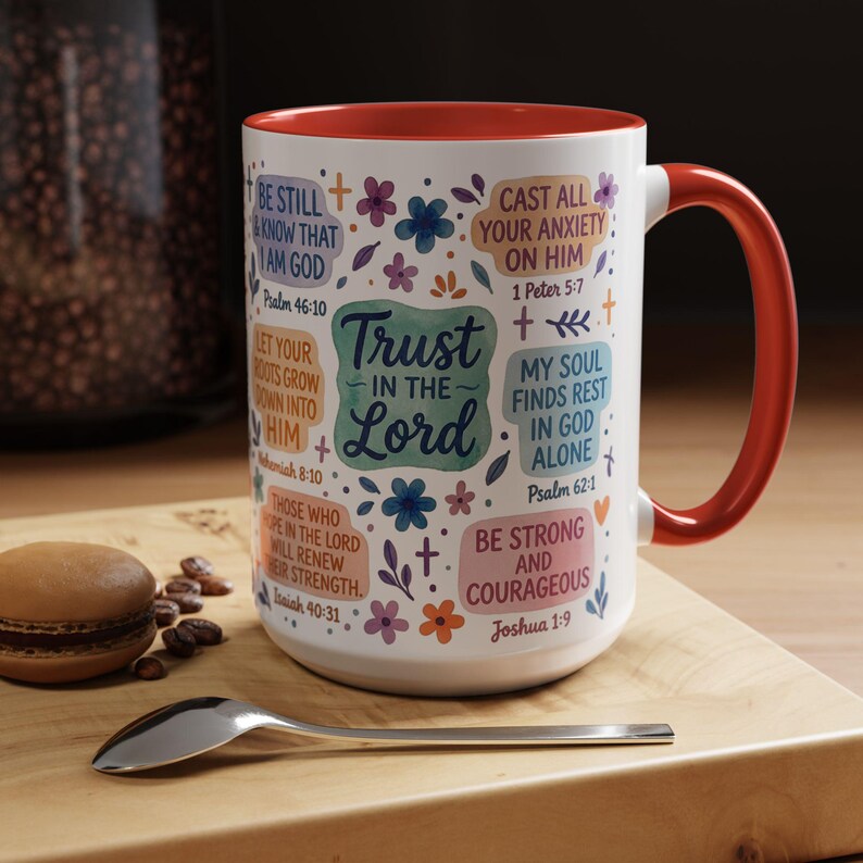Trust in the Lord Scripture Mug | Bible Verse Hand-Drawn Floral Design | Christian Faith Gift for Morning Devotion, Spiritual Reminder image 13