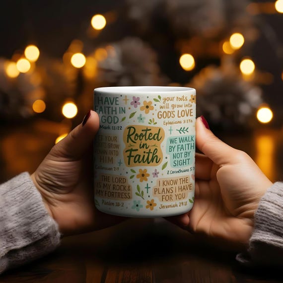 Rooted in Faith Mug, Bible Verse Christian Design, Inspirational Religious Drinkware, Sunday Morning Mug, Faith-Based Gift