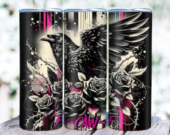 F-caw-f Tumbler Wrap, Gothic Raven and Roses 20oz Sublimation Design, Dark Floral Tumbler Art, Edgy Bird Wrap, Digital Download