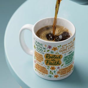 May include: White ceramic mug with the words "Rooted in Faith" and Bible verses printed on it. The mug is being filled with coffee. Floral and cross designs decorate the mug.