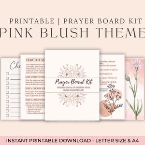 May include: A printable prayer board kit with a pink blush theme. The kit includes several pages with instructions, checklists, and floral illustrations. The text on the cover reads "Prayer Board Kit" and "Visual Tools to Deepen Your Faith & Prayer Life."