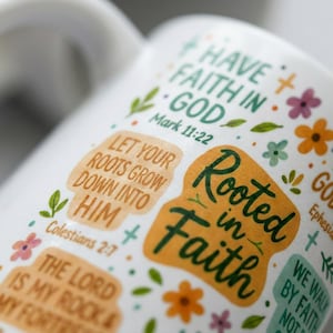 May include: White ceramic mug with colourful floral and leaf accents. The mug features the text "Rooted in Faith" and Bible verses. The design includes orange, green, and purple elements, creating a cheerful and inspirational aesthetic.