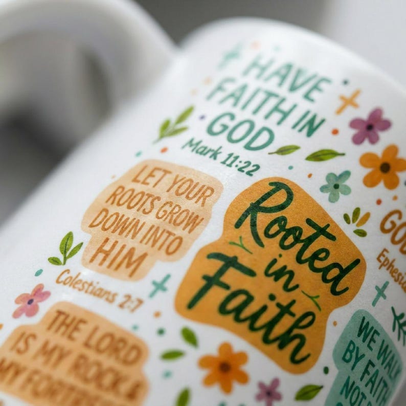 May include: White ceramic mug with colourful floral and leaf accents. The mug features the text "Rooted in Faith" and Bible verses. The design includes orange, green, and purple elements, creating a cheerful and inspirational aesthetic.
