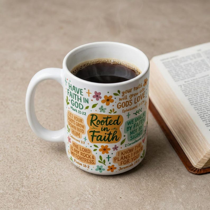 May include: White ceramic coffee mug filled with dark coffee, featuring the words "Rooted in Faith" and various Bible verses in a colorful floral design. A book is open in the background.