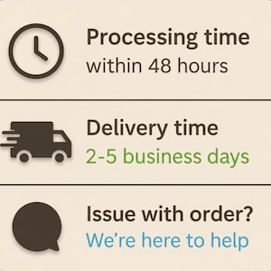 May include: Image with text about order processing and delivery. Includes a clock icon with the text "Processing time within 48 hours", a truck icon with "Delivery time 2-5 business days", and a speech bubble icon with "Issue with order? We're here to help."