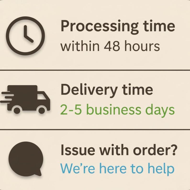 May include: Image with text about order processing and delivery. Includes a clock icon with the text "Processing time within 48 hours", a truck icon with "Delivery time 2-5 business days", and a speech bubble icon with "Issue with order? We're here to help."