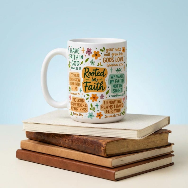 May include: White ceramic mug with the words "Rooted in Faith" and Bible verses. The mug has colourful floral and cross designs. The mug is on a stack of books. The books are in a variety of colours.