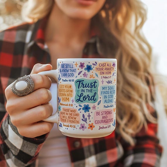 Trust in the Lord Scripture Mug | Bible Verse Hand-Drawn Floral Design | Christian Faith Gift for Morning Devotion, Spiritual Reminder