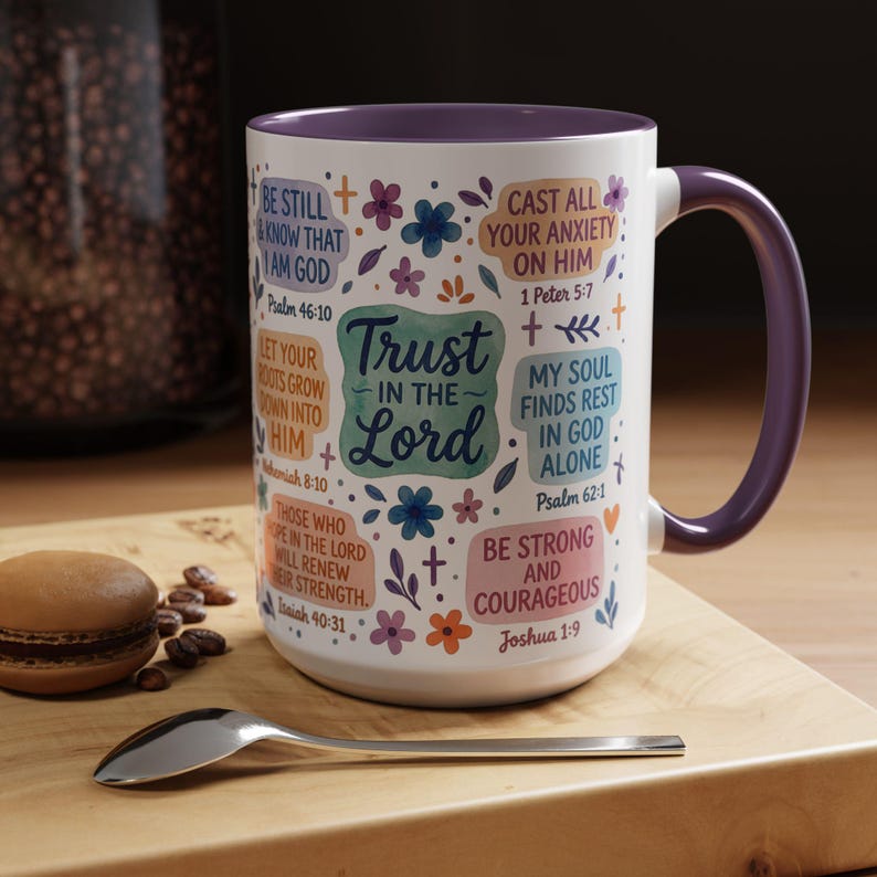 Trust in the Lord Scripture Mug | Bible Verse Hand-Drawn Floral Design | Christian Faith Gift for Morning Devotion, Spiritual Reminder image 14