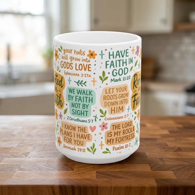 May include: White ceramic mug with inspirational quotes and floral accents. The mug features phrases like "Have Faith in God" and "The Lord is my Rock & my Fortress." The design includes orange, green, and purple elements.