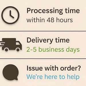 May include: An image with text detailing processing and delivery times. The text states processing within 48 hours and delivery in 2-5 business days. It also includes the text "We're here to help".