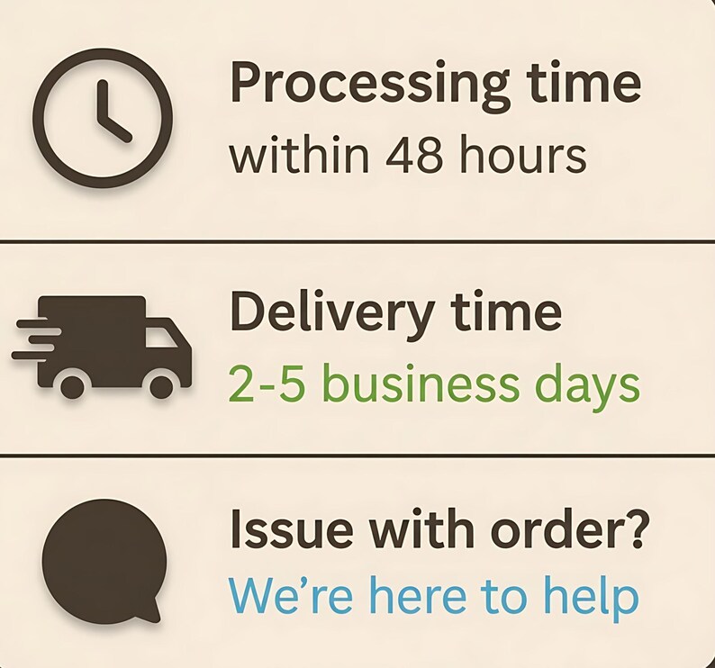 May include: An image with text detailing processing and delivery times. The text states processing within 48 hours and delivery in 2-5 business days. It also includes the text "We're here to help".