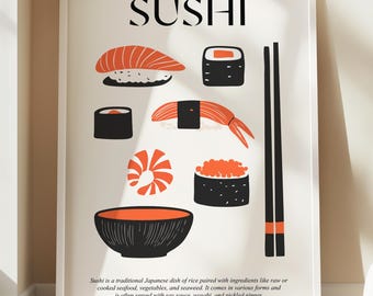 Sushi Lovers Art | Retro Sushi Print | Japanese Wall Art | Vintage Kitchen Prints | Asian Wall Decor | Retro Food Poster Art | Foodie Gift