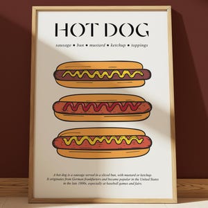 Hot Dog Art Print | Vintage Hot Dog Gift | Fast Food Art Poster | Retro Kitchen Print | Food Lover Gift | Sausage Art | American Wall Art
