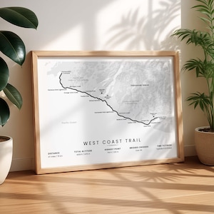 May include: A framed map print of the West Coast Trail in Canada, featuring a black line route on a grayscale topographic background. The print includes text labels for trail points, distance of 47 miles, and elevation data in feet and meters.