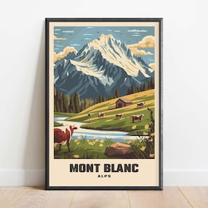 Mont Blanc Retro Print | Mont Blanc Vintage Travel Poster | Alps Mountain Wall Art | French Alps Wall Art | Italian Alps Wall Decor