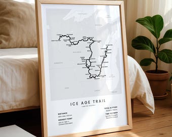 Ice Age Trail Print | Ice Age Map Wall Art | Wisconsin National Scenic Thru Hike Map | USA Long Distance Hiking Poster | Outdoors Gift