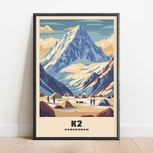 K2 Retro Mountain Print | Mount K2 Vintage Travel Poster | K2 Himalayas Wall Art | Alpinism Wall Art | Karakoram Range Wall Art