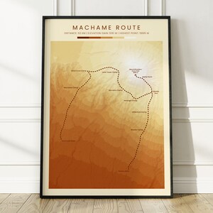May include: A framed wall art print titled Machame Route, featuring a topographic map in shades of orange and cream. The map displays a dotted trail path, camp locations, and elevation data including 62 km distance and 5895 m highest point.
