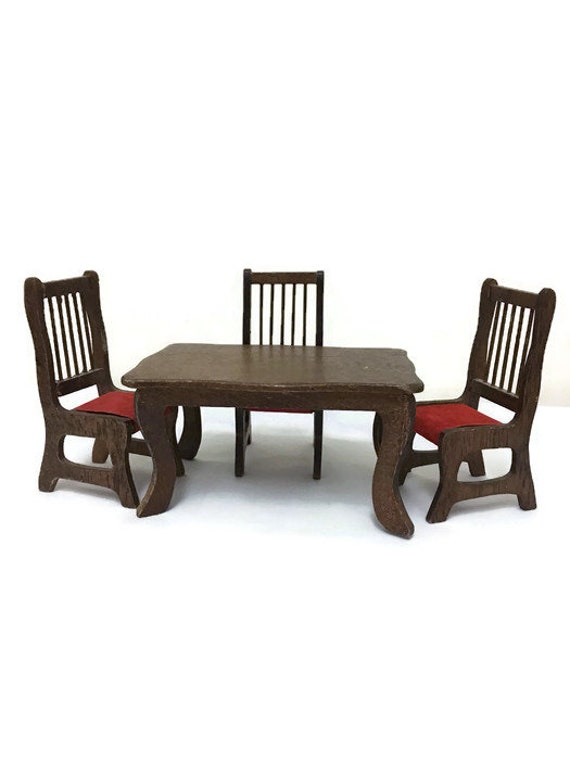 Dollhouse Dining Room Table Three Chairs Wood Red Seats Image 0