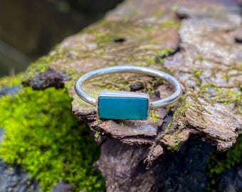 Anillo de crisocola de sílice gema: Anillo llamativo de plata de ley, talla 9