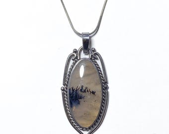 Dendrite Agate Pendant Necklace: Stainless Steel Scenic Agate