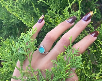 Gems Silica Titanium Ring US 5, 7mm Blue Green Cabochon Ring, Chrysocolla Chalcedony Ring for Women, Minimalist Jewelry