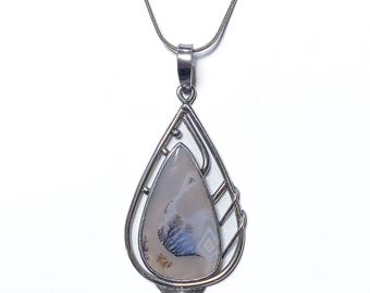 Dendrite Agate Pendant: Stainless Steel Scenic Necklace