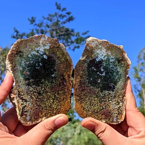 May include: Two halves of a polished moss agate stone featuring intricate dendritic patterns in shades of deep forest green, earthy brown, and translucent white. The mineral surfaces display a textured, organic appearance with moss-like inclusions.