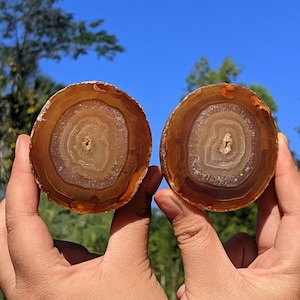 Natural Agate Geode Pair Buy 1 Get 1 | Round Polished Agate Crystal Display | Matching Banded Agate 65x63x55mm & 65x60x30mm