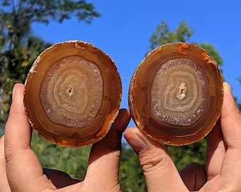 Natural Agate Geode Pair Buy 1 Get 1 | Round Polished Agate Crystal Display | Matching Banded Agate 65x63x55mm & 65x60x30mm