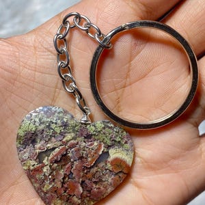 Moss Agate Heart Keychain: Gemstone Bag Charm, Healing Crystal