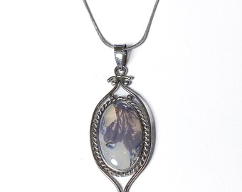 Dendrite Agate Pendant Necklace: Stainless Steel Scenic Jewelry