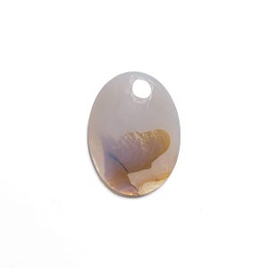 May include: A round, white agate pendant with a hole at the top for stringing. The agate has brown and grey swirls and patterns.