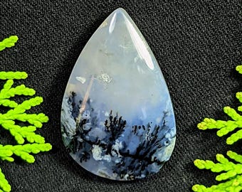 Natural Dendrite Agate Cabochon • 29x19x6 mm Teardrop Gemstone • Blue–White Dendritic Agate with Tree Pattern • Landscape Agate for Jewelry