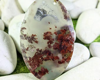 Cabochon en agate plume naturelle 40x26x6 mm | Agate scénique dendritique rouge | Agate paysage pour pendentif