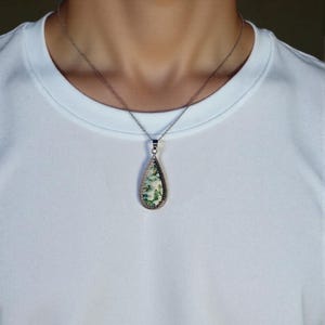 Moss Agate Teardrop Necklace: Platinum Stainless Steel Chain
