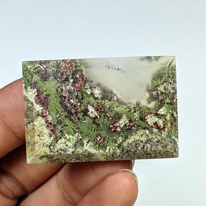 Puede incluir: Un cabujón rectangular de ágata verde, blanca y roja con un patrón dendrítico. La ágata tiene una apariencia translúcida y está pulida a un acabado liso.